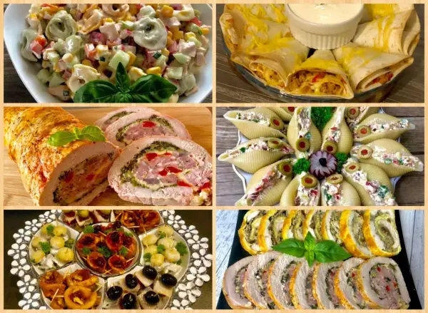 Pyszne menu na sylwestra w domu: sałatka z tortellini, roladki z tortilli, faszerowane muszle, pieczone mięso i przekąski.
