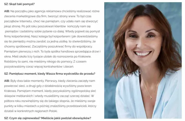 Uśmiechnięta Anna Izydorek Brzoska, z brązowymi włosami i w jasnej bluzce, opowiada o początkach swojej firmy.