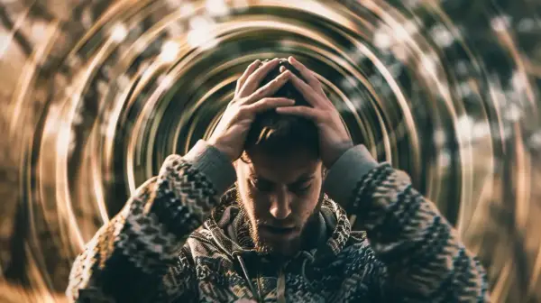 Mężczyzna z rękami na głowie, otoczony wirującymi liniami, symbolizującymi psychosomatykę i wewnętrzny niepokój.