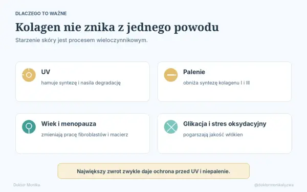 Czynniki niszczące kolagen w organizmie: UV, palenie, wiek, menopauza, glikacja i stres oksydacyjny. Ochrona przed UV i niepalenie to klucz do zachowania kolagenu.