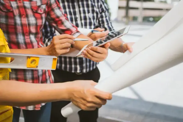 Team di operai esamina progetto su tablet, livella e rotoli di carta. Aggiornamento sal stato avanzamento lavori.