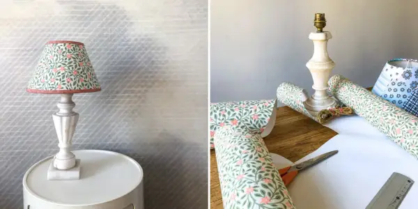 Pour relooker un abat-jour, on utilise du papier peint fleuri, des ciseaux et une règle.