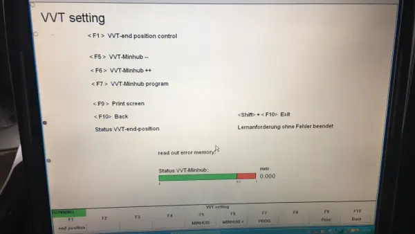 Ekran diagnostyczny BMW: VVT setting. Pokazuje opcje jak ustawic Valvetronic, kontrolę pozycji, minhub, program, wydruk ekranu, powrót i wyjście.