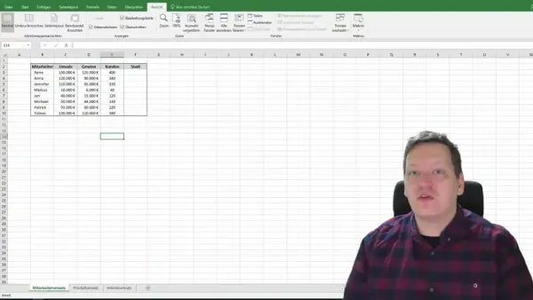 Mężczyzna w kratę siedzi przed arkuszem kalkulacyjnym Excel, gdzie dane pracowników są ułożone po kolei.