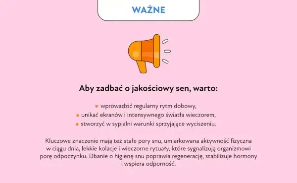 Grafika z megafonem i tekstem o higienie snu. Kluczowe dla regeneracji i odporności są stałe pory snu, by uniknąć problemów z drzemką.