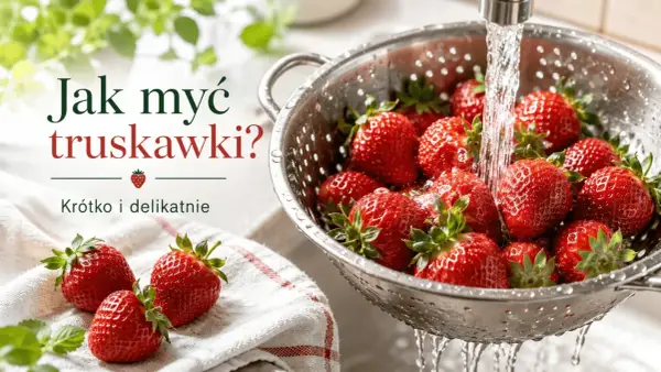 Jak myć truskawki? Woda spływa po świeżych owocach w metalowym durszlaku, przygotowując je do jedzenia.