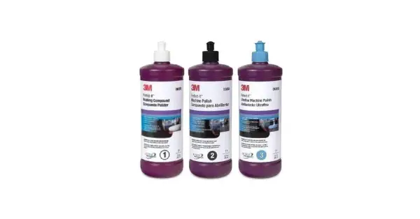 Three bottles of 3M Perfect-It car polishing compounds: Rubbing Compound, Machine Polish, and Ultrafine Machine Polish.