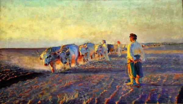 Leon Wyczółkowski, "Orka" – woły i oracz na tle zachodzącego słońca. Jedno z najważniejszych obrazów malarza.