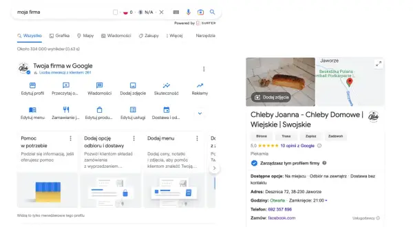 Zarządzaj swoim **profil firmowy Google** dla piekarni "Chleby Joanna". Dodaj zdjęcia, menu i opcje dostawy.