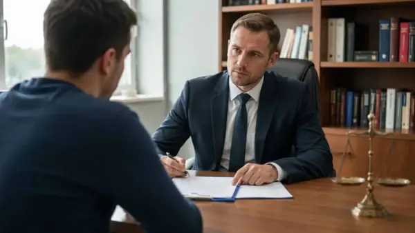 Prawnik omawia z klientem dokumenty dotyczące podjęcia warunkowo umorzonego postępowania. Na biurku waga sprawiedliwości.
