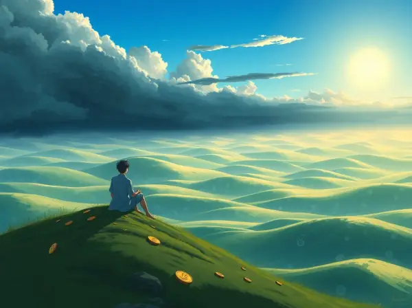 A lone figure sits on a grassy hill, contemplating the rolling landscape. Scattered coins suggest a question about how many artists are billionaires.