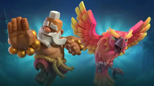 Un monaco con una mano alzata e un fenice fiammeggiante, due campioni di Clash Royale pronti alla battaglia.