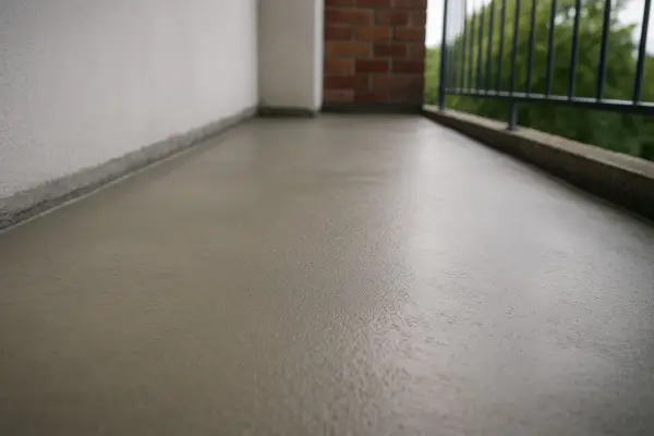 Świeżo wykonana wylewka na balkonie, gotowa na nowe wykończenie.