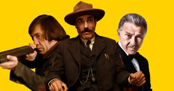 Trzech mężczyzn z filmów: Javier Bardem z karabinem, Daniel Day-Lewis w kapeluszu i Al Pacino w smokingu. Film warty obejrzenia!