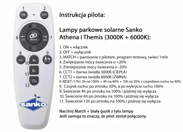Pilot do lamp solarnych Sanko. Użyj przycisku "MATCH" do pierwszego uruchomienia lampy solarnej i parowania.