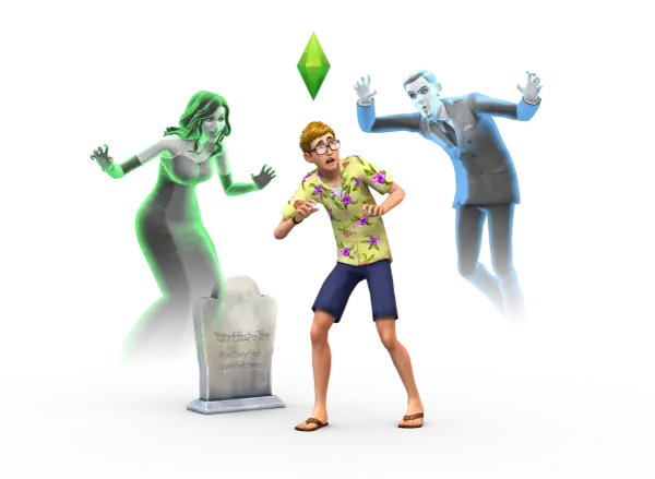 Przerażony Sim w hawajskiej koszuli próbuje dowiedzieć się, jak przywołać ducha w The Sims 4, podczas gdy dwa zjawy groźnie się do niego zbliżają.