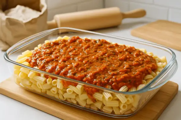Pyszny, domowy sos do zapiekanki makaronowej w szklanym naczyniu, gotowy do pieczenia.