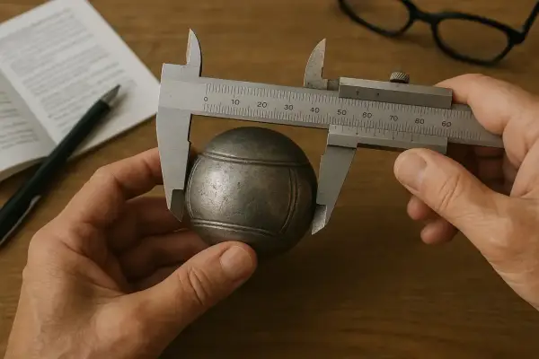 Comment mesurer le diamètre d'une boule de pétanque : un pied à coulisse mesure une boule métallique sur un bureau en bois.