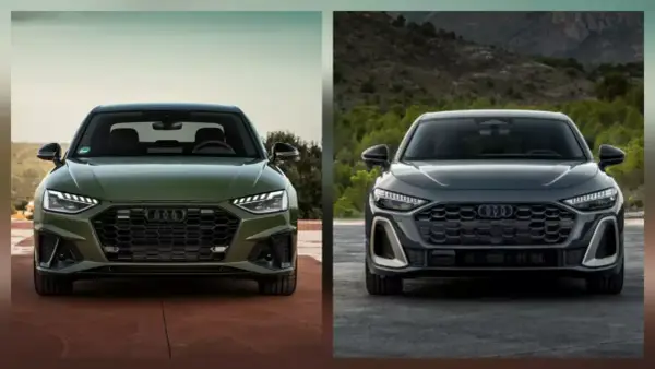Dwa najnowsze Audi, zielone i grafitowe, prezentują swoje agresywne grille i nowoczesne reflektory.
