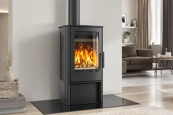Poêle à bois étanche moderne avec une grande vitre laissant admirer les flammes dans un salon cosy.