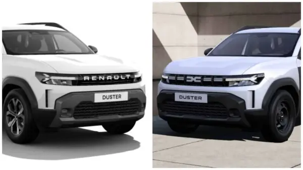 Dwa białe SUV-y, jeden z napisem RENAULT, drugi z logo Dacia, oba z nazwą DUSTER.