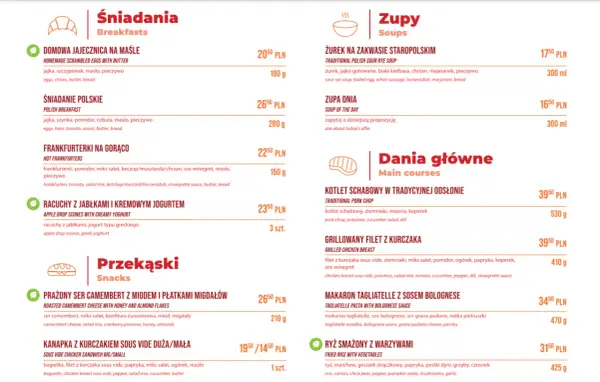 Menu z daniami i cenami. Nie ma informacji, ile kosztuje kawa w Pendolino.