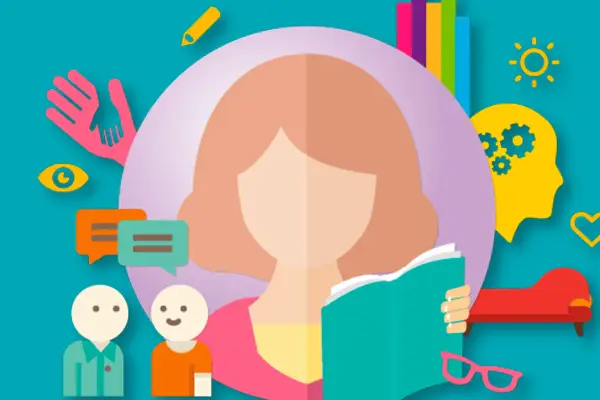 Ilustración sobre apoyo y comprensión para el trastorno específico del aprendizaje, con iconos de ayuda, comunicación y aprendizaje.