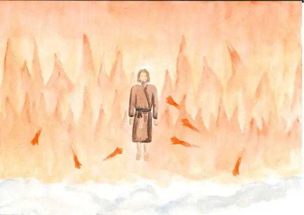 Prophet Amos im Religionsunterricht: Eine Vision von Flammen und ausgestreckten Händen, die eine Botschaft der Hoffnung vermitteln.