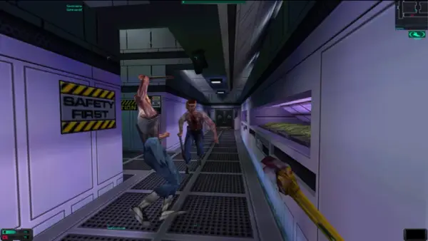 W korytarzu stacji kosmicznej, dwóch zombie z bronią w ręku goni gracza. To klasyczny przykład rozgrywki w stylu immersive sim.