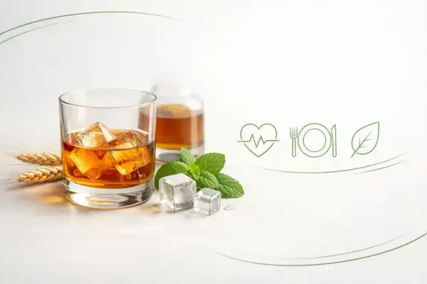 Szklanka whisky z lodem, butelka, kłosy zboża i mięta. Wyobraź sobie, że to pomieszczenie, w którym dojrzewa whisky.