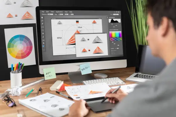 Diseñador gráfico trabajando en un logo, con paleta de colores y bocetos. Imágenes libres de derecho de autor.