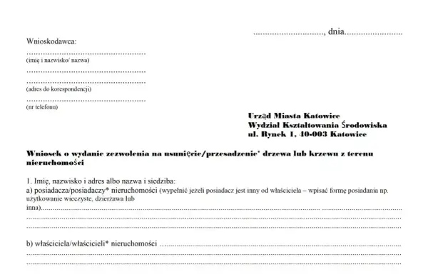 Wniosek o zezwolenie na wycinkę drzew owocowych. Dokument zawiera dane wnioskodawcy i informacje o nieruchomości.