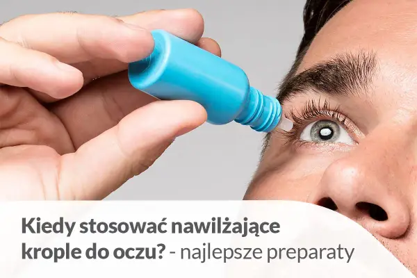 Dłoń aplikuje nawilżające krople do oczu, przynosząc ulgę zmęczonym oczom.