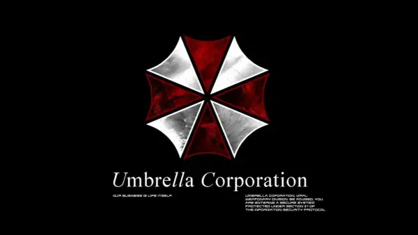Logo Umbrella Corporation z napisem "Our business is life itself." i ostrzeżeniem o systemie bezpieczeństwa.