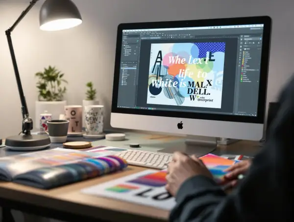 Grafik projektuje materiały z wykorzystaniem druku białym kolorem. Na ekranie komputera widać projekt graficzny z tekstem i kolorowymi kółkami.