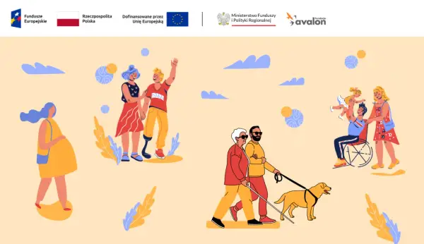 Ilustracja pokazuje różnorodne osoby, w tym kobietę w ciąży, parę z protezą nogi, niewidomego z psem przewodnikiem i rodzinę z osobą na wózku. To wizualizacja idei zawartych w ustawie o dostępności.
