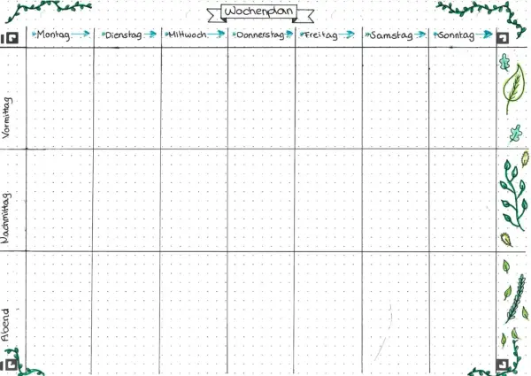 Ein Wochenplan-Layout mit Feldern für jeden Tag und Tageszeiten (Vormittag, Nachmittag, Abend). Ideal, um zu planen, wie erstelle ich einen lernplan.