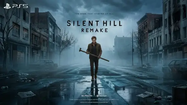 Mroczna ulica w Silent Hill, zniszczone budynki i samochody. W centrum stoi mężczyzna z rurą, gotowy na koszmar w **Silent Hill 1 remake**.