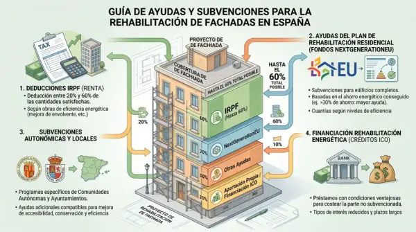 Guía de ayudas para rehabilitación de fachadas: desgravación renta eficiencia energética, subvenciones, fondos NextGenerationEU y financiación ICO.