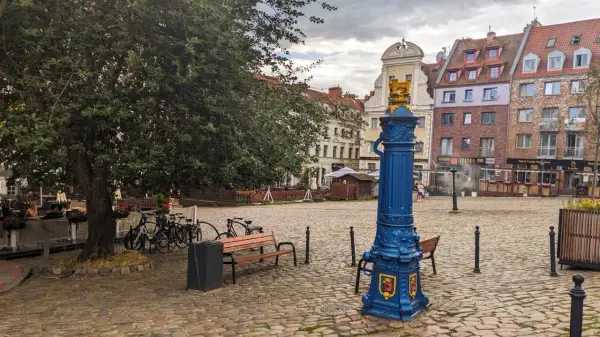 Niebieska fontanna z herbem na brukowanym rynek Szczecin. Drzewo, ławki i rowery tworzą spokojną atmosferę.