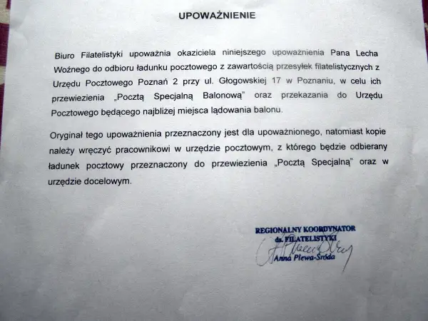 Jak napisać upoważnienie? Dokument z Biura Filatelistyki upoważnia Pana Lecha do odbioru przesyłek pocztowych.