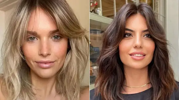 Dwie kobiety prezentują stylowe fryzury do ramion: jedna z blond włosami i grzywką, druga z ciemnymi, falowanymi włosami.