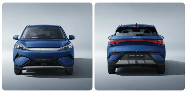 Niebieski SUV BYD ATTO 3 EVO widziany z przodu i z tyłu.