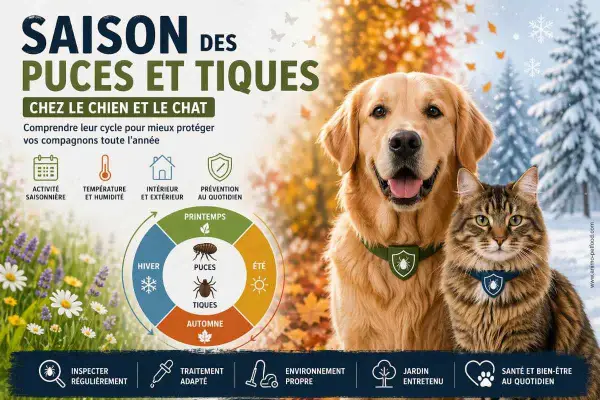 Un chien et un chat souriants, avec un schéma expliquant le cycle des puces et tiques selon les saisons. Protégez vos compagnons toute l'année !