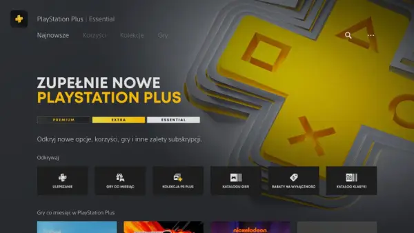 Ekran PlayStation Plus z opcją Essential. Widoczne ikony ulepszeń, gier co miesiąc, kolekcji PS Plus, katalogu gier, rabatów i klasyki.