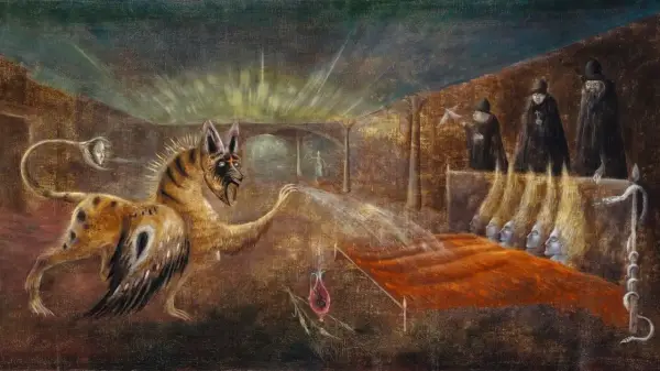 Œuvres d'art de Leonora Carrington : une créature hybride crache sur des têtes flottantes devant des figures en robe.
