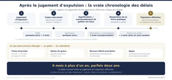 Chronologie des étapes d'une expulsion : jugement, copie exécutoire, commandement, réquisition force publique, expulsion effective. Le délai expulsion occupant sans droit ni titre peut être rallongé.