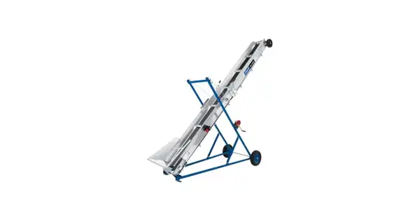 Ein mobiles scheppach Förderband auf blauem Gestell mit Rädern, bereit für den Transport von Materialien.