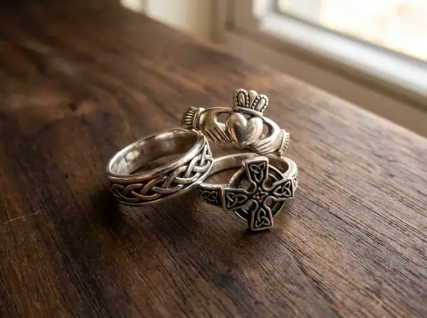 Trzy srebrne pierścionki: Claddagh, symbol przyjaźni, celtycki krzyż i pierścień z węzłem.