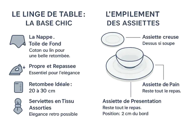 L'art de la table en France : conseils pour la nappe, les serviettes et l'empilement des assiettes pour une présentation élégante.